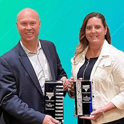 Mousers-Andy-Kerr-and-Regina-Denbow-with-Vishay-awards Mousers-Andy-Kerr-and-Regina-Denbow-with-Vishay-awards