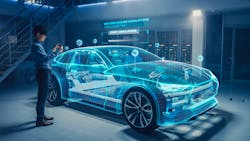 automotive engineer uses tablet with AR for car design analysis automotive engineer uses tablet with AR for car design analysis