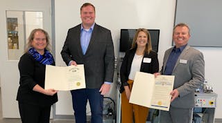 Festo Didactic announced on November 4 the expansion of its Mechatronics Apprenticeship Program and received State of Ohio proclamations for its continuing efforts to advance technology careers within Ohio. Pictured left to right: Kim Harper-Gage, COO North America, Festo; Derek Chancellor, Southwest Ohio Regional Liaison for Lt. Governor Jon Husted; Holly Endicott, Program Administrator ApprenticeOhio; and Tony Oran, VP Sales, Festo Didactic North America.