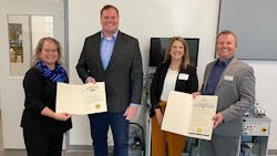 Festo Didactic announced on November 4 the expansion of its Mechatronics Apprenticeship Program and received State of Ohio proclamations for its continuing efforts to advance technology careers within Ohio. Pictured left to right: Kim Harper-Gage, COO North America, Festo; Derek Chancellor, Southwest Ohio Regional Liaison for Lt. Governor Jon Husted; Holly Endicott, Program Administrator ApprenticeOhio; and Tony Oran, VP Sales, Festo Didactic North America. Festo Didactic announced on November 4 the expansion of its Mechatronics Apprenticeship Program and received State of Ohio proclamations for its continuing efforts to advance technology careers within Ohio. Pictured left to right: Kim Harper-Gage, COO North America, Festo; Derek Chancellor, Southwest Ohio Regional Liaison for Lt. Governor Jon Husted; Holly Endicott, Program Administrator ApprenticeOhio; and Tony Oran, VP Sales, Festo Didactic North America.