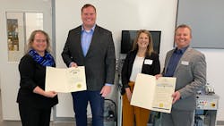 Festo Didactic announced on November 4 the expansion of its Mechatronics Apprenticeship Program and received State of Ohio proclamations for its continuing efforts to advance technology careers within Ohio. Pictured left to right: Kim Harper-Gage, COO North America, Festo; Derek Chancellor, Southwest Ohio Regional Liaison for Lt. Governor Jon Husted; Holly Endicott, Program Administrator ApprenticeOhio; and Tony Oran, VP Sales, Festo Didactic North America. Festo Didactic announced on November 4 the expansion of its Mechatronics Apprenticeship Program and received State of Ohio proclamations for its continuing efforts to advance technology careers within Ohio. Pictured left to right: Kim Harper-Gage, COO North America, Festo; Derek Chancellor, Southwest Ohio Regional Liaison for Lt. Governor Jon Husted; Holly Endicott, Program Administrator ApprenticeOhio; and Tony Oran, VP Sales, Festo Didactic North America.