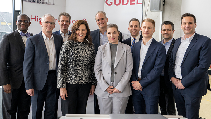 Michigan Governor Gretchen Whitmer recently visited the headquarters of G&uuml;del Group in Langenthal, Switzerland. Pictured here (left to right): Quentin Messer, CEcD of the Michigan Economic Development Corporation (MEDC); Hans Gut, former CEO, G&uuml;del Group AG; Armin Haller, CEO, G&uuml;del Group AG; Governor Gretchen Whitmer; Ron Slone, Managing Director, G&uuml;del Americas; Gwendolin G&uuml;del, Chairwoman; Zack Pohl, Deputy Chief of Staff to Governor Whitmer; Adrian J&auml;ggi, CFO, G&uuml;del Group AG; Vlatko Tomic-Bobas, Director, Europe, MEDC; and Urs Fischer, COO, G&uuml;del Group AG.