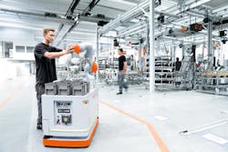 Figure 1: Adding a collaborative robot to a mobile platform broadens the range of applications in a manufacturing environment. (Source: Kuka Robotics) Figure 1: Adding a collaborative robot to a mobile platform broadens the range of applications in a manufacturing environment. (Source: Kuka Robotics)