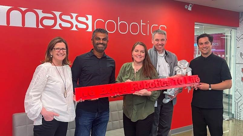 Colleen Anderson (from left), director of community and events at MassRobotics, Biren Patel, business development manager at maxon, Debora Setters, national marketing manager at maxon, Carsten Horn, application engineering manager at maxon, and Juan Necochea, director of strategic partnerships at MassRobotics, are collaborating in the robotics sector.