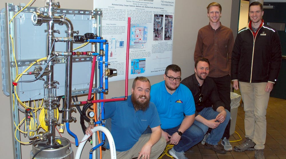 The UCCS ECE Department, Fall 2022 Team Still Standing is Benjamin Sprouse (from left), BSEE and co-Founder F&amp;S Industries, Matthew Scally, BSEE, Matthew Lake, BSCE, Cooper Tedstrom, BSEE, and Nicholas Eckley, BSEE. (Source: Team Still Standing)