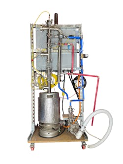 Figure 1: A pilot-size prototype distillation system was developed for convenient testing. The PLC/HMI control panel and all associated wiring and instrumentation were mounted onboard. (Source: Team Still Standing) Figure 1: A pilot-size prototype distillation system was developed for convenient testing. The PLC/HMI control panel and all associated wiring and instrumentation were mounted onboard. (Source: Team Still Standing)