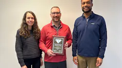 Paul Kundinger (from left), president of Kundinger, receiving the Diamond Team Award from Ashley Nagel, connector territory manager, and Matt Davis, regional manager, for Parker Hannifin.