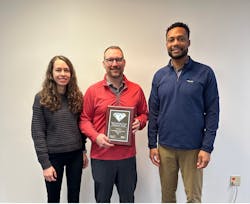 Paul Kundinger (from left), president of Kundinger, receiving the Diamond Team Award from Ashley Nagel, connector territory manager, and Matt Davis, regional manager, for Parker Hannifin. Paul Kundinger (from left), president of Kundinger, receiving the Diamond Team Award from Ashley Nagel, connector territory manager, and Matt Davis, regional manager, for Parker Hannifin.