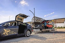 Figure 1: The SolarButterfly is equipped with a uniquely designed large solar panel array that unfolds into giant butterfly wings. Figure 1: The SolarButterfly is equipped with a uniquely designed large solar panel array that unfolds into giant butterfly wings.