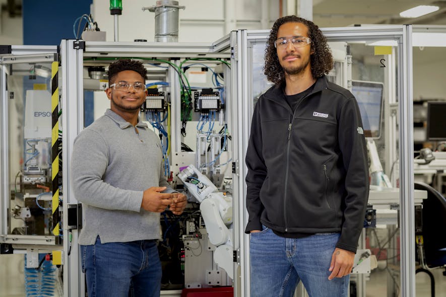Figure 1: Barry Carter, operational analyst for production intelligence, and Noah Greene, product specialist for safety, at Phoenix Contact, are both graduates of the company&rsquo;s mechatronics apprenticeship program in Harrisburg, Pennsylvania.