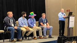 (From left) Don Rahrig (Rain), Renato Leal (GreyLogix), Nigel James (Triad) and Sam Hoff (Patti Engineering) join Tim Ogden (GE Digital) for a discussion of using digital tools. (From left) Don Rahrig (Rain), Renato Leal (GreyLogix), Nigel James (Triad) and Sam Hoff (Patti Engineering) join Tim Ogden (GE Digital) for a discussion of using digital tools.