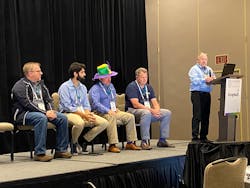 (From left) Don Rahrig (Rain), Renato Leal (GreyLogix), Nigel James (Triad) and Sam Hoff (Patti Engineering) join Tim Ogden (GE Digital) for a discussion of using digital tools. (From left) Don Rahrig (Rain), Renato Leal (GreyLogix), Nigel James (Triad) and Sam Hoff (Patti Engineering) join Tim Ogden (GE Digital) for a discussion of using digital tools.