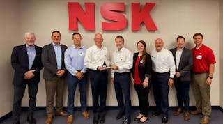 NSK&rsquo;s David Tassi (from left) and Andrew Pelletier, Motion&rsquo;s Chris Brewer, NSK&rsquo;s Tarek Bugaighis, Motion&rsquo;s Joe Limbaugh, Julie Knight and Robert Anaforian, NSK&rsquo;s Taylor Bond and Motion&rsquo;s Alan Cripps participated in the Supplier of the Year presentation at NSK&rsquo;s Tennessee manufacturing facilities.