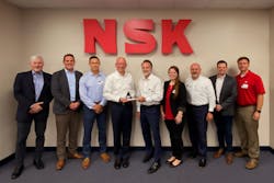 NSK’s David Tassi (from left) and Andrew Pelletier, Motion’s Chris Brewer, NSK’s Tarek Bugaighis, Motion’s Joe Limbaugh, Julie Knight and Robert Anaforian, NSK’s Taylor Bond and Motion’s Alan Cripps participated in the Supplier of the Year presentation at NSK’s Tennessee manufacturing facilities. NSK’s David Tassi (from left) and Andrew Pelletier, Motion’s Chris Brewer, NSK’s Tarek Bugaighis, Motion’s Joe Limbaugh, Julie Knight and Robert Anaforian, NSK’s Taylor Bond and Motion’s Alan Cripps participated in the Supplier of the Year presentation at NSK’s Tennessee manufacturing facilities.