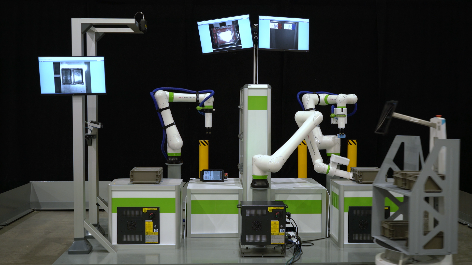 The automated order-fulfillment demonstration highlights collaborative robots (cobots) using sensors to scan QR codes for correct order picking, transferring and shelving of consumer items varying in sizes and shapes. The system is an example of cobots, autonomous mobile robots (AMRs) and vision sensors working together in a highly flexible autonomous solution that can be scaled up or down.