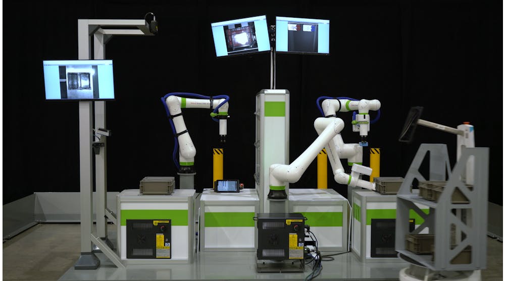 The automated order-fulfillment demonstration highlights collaborative robots (cobots) using sensors to scan QR codes for correct order picking, transferring and shelving of consumer items varying in sizes and shapes. The system is an example of cobots, autonomous mobile robots (AMRs) and vision sensors working together in a highly flexible autonomous solution that can be scaled up or down.