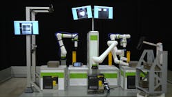 The automated order-fulfillment demonstration highlights collaborative robots (cobots) using sensors to scan QR codes for correct order picking, transferring and shelving of consumer items varying in sizes and shapes. The system is an example of cobots, autonomous mobile robots (AMRs) and vision sensors working together in a highly flexible autonomous solution that can be scaled up or down. The automated order-fulfillment demonstration highlights collaborative robots (cobots) using sensors to scan QR codes for correct order picking, transferring and shelving of consumer items varying in sizes and shapes. The system is an example of cobots, autonomous mobile robots (AMRs) and vision sensors working together in a highly flexible autonomous solution that can be scaled up or down.