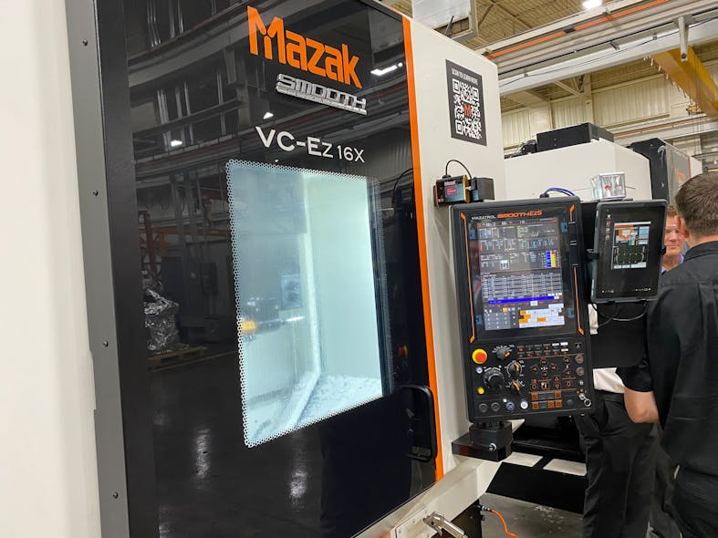 Figure 4: The VC-Ez features Mazak&rsquo;s Smooth Ez5 controller, 20-hp/12,000-rpm spindle, MX linear roller guides and 30-tool magazine.