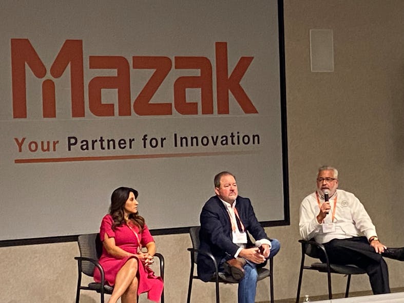 Figure 1: HM Manufacturing&rsquo;s Nicole Wolter (from left), Faxon Machining&rsquo;s Bob Faxon and RPM Carbide Die&rsquo;s Eric Metcalfe participated in a job-shop panel discussion at Mazak Discover 2023 in Florence, Kentucky.