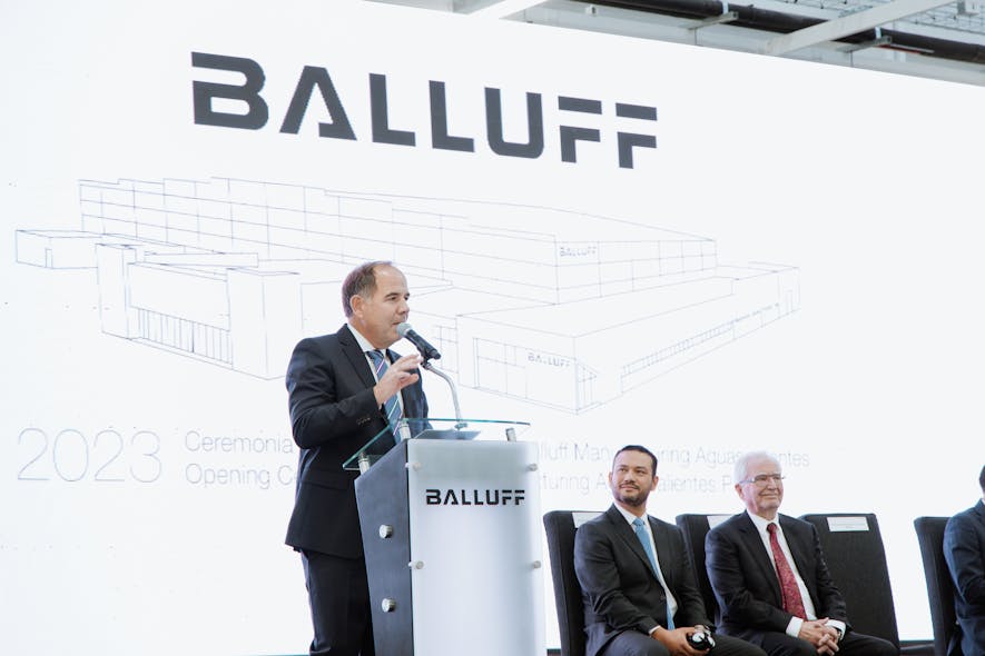 Figure 1: Frank Nonnenmann, managing director and head of supply chain at Balluff, speaks during the opening ceremony of the Aguascalientes facility.