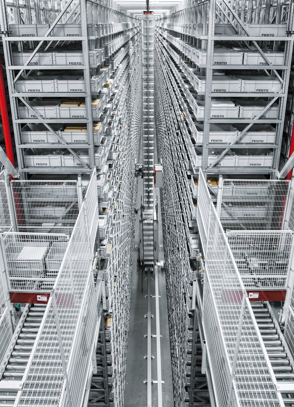 Figure 3: A large part of Festo&rsquo;s logistics and fulfillment are enabled by two automated storage and retrieval systems (AS/RS) and supporting software.