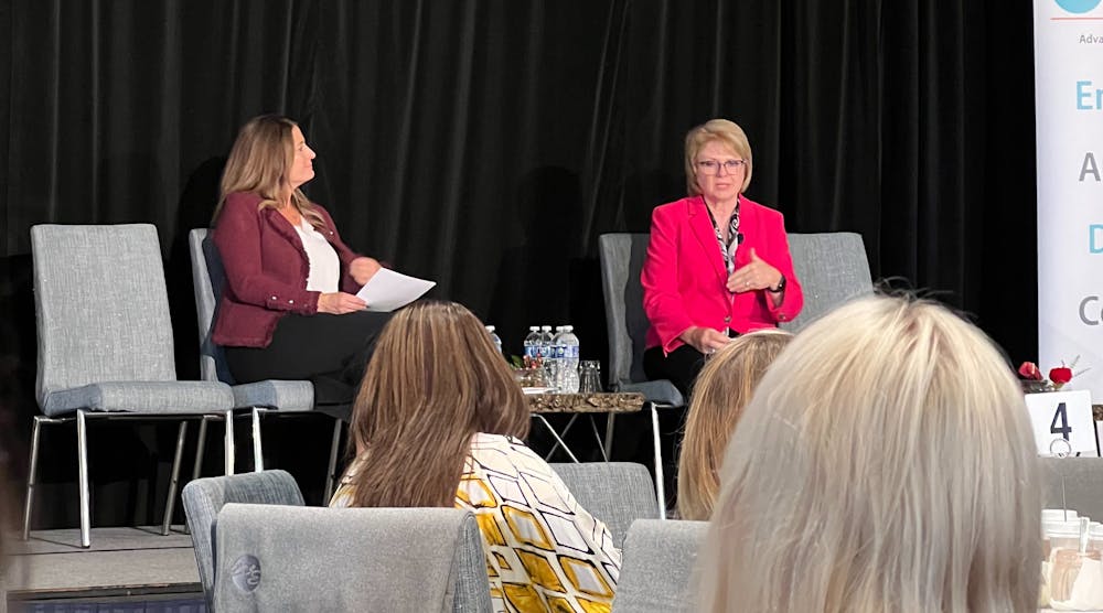 Jackie Mattox, founder and CEO of Women in Electronics speaks with Linda Johnson, executive vice president of operations at DigiKey, at the 2023 WE Annual Leadership Development Summit.