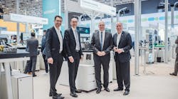 Ulrich Leidecker, COO, Phoenix Contact (from left), Gerhard Borho, management board, information technology and digitalization, Festo, Thomas B&ouml;ck, chairman of the management board, Festo, and Frank St&uuml;hrenberg, CEO, Phoenix Contact, announce a strategic partnership between the two automation suppliers.
