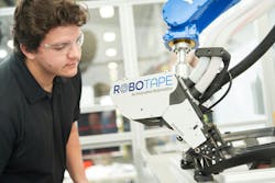 RoboTape doesn’t carry the adhesive tape spool on the end of the robot arm. RoboTape doesn’t carry the adhesive tape spool on the end of the robot arm.