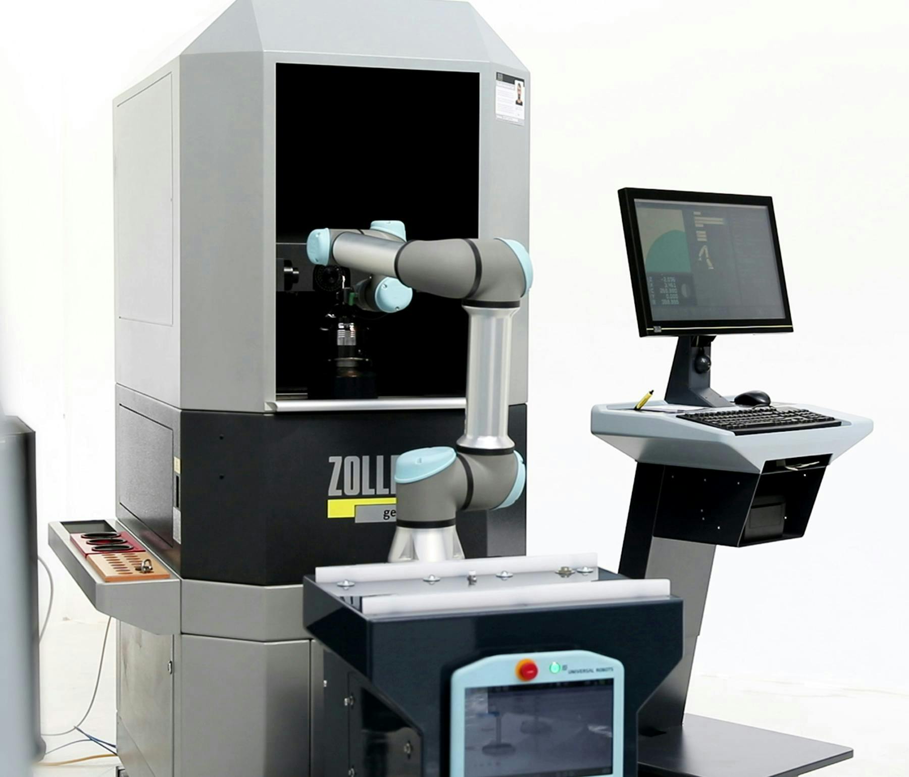 Figure 2: The fully autonomous production system includes autonomous mobile robots (AMRs). AutoFetch transfers pallets between the setting station to the tool grinder and also automatically transfers single tools for spot-check measurements outside of the grinder. Figure 2: The fully autonomous production system includes autonomous mobile robots (AMRs). AutoFetch transfers pallets between the setting station to the tool grinder and also automatically transfers single tools for spot-check measurements outside of the grinder.