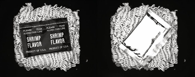 The image on the left shows a good image of a ramen packet. The image on the right has the same ramen packet at a 45° orientation. The polarizing effect is lost when certain materials are oriented 45°, and it is impossible to know without testing.