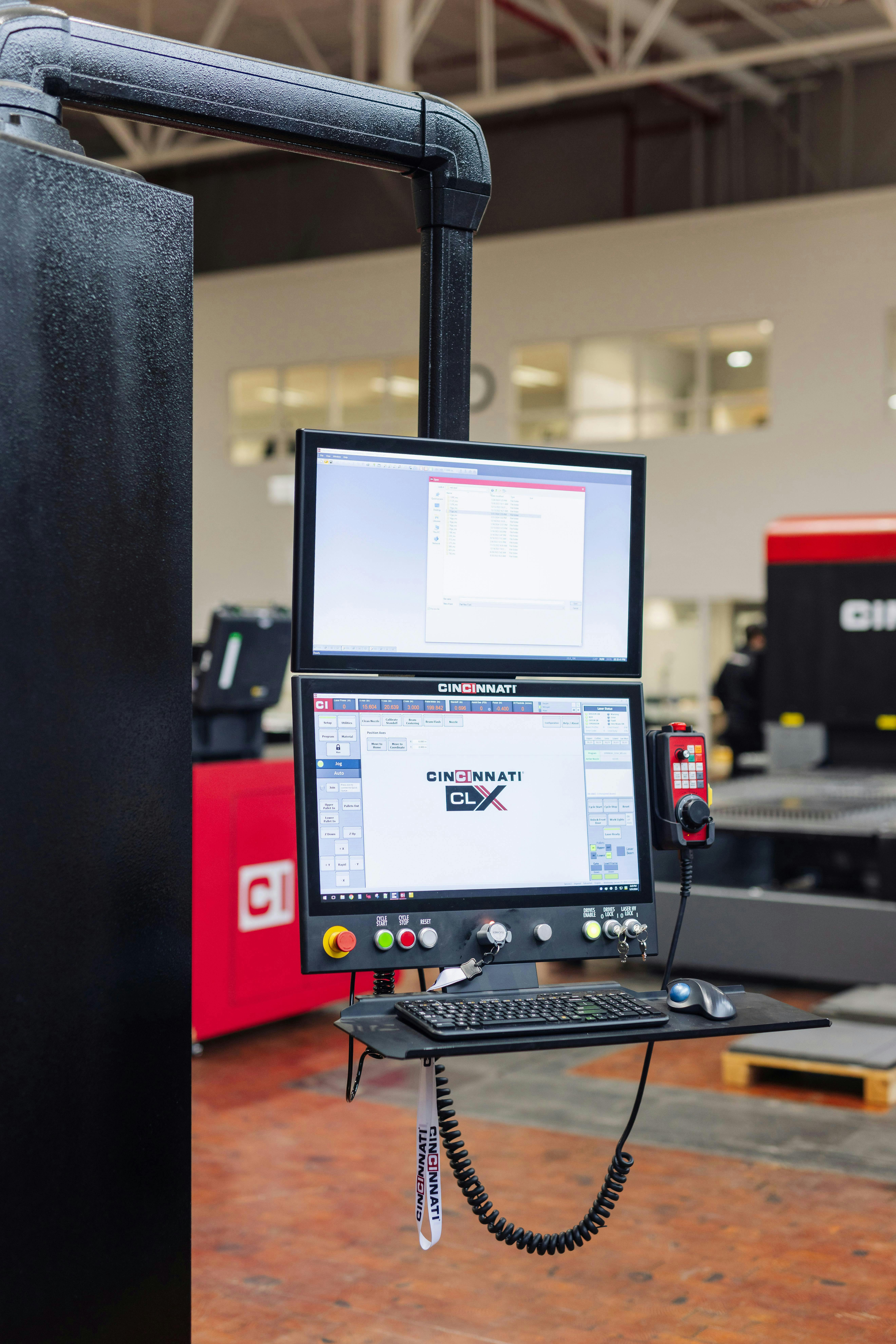 Figure 4: The human-machine interface (HMI) on the CLX is moving away from code-based control to on-screen graphics, also moving from a single, 20-inch monitor to two, 24-inch touchscreens.