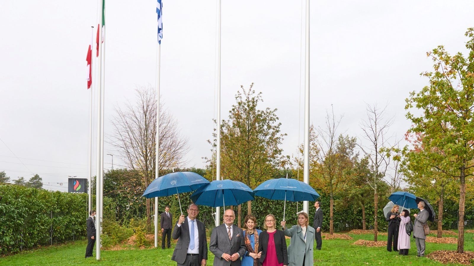 Flag raising ceremony in presence of CERN Council Vice President Eric Laenen (from left), President of the Republic of Estonia Alar Karis, CERN Director General Fabiola Gianotti and Ambassador of Estonia Riia Salsa-Audiffren.