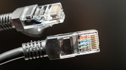 Two network Ethernet cables featuring clear connectors and detailed wiring Two network Ethernet cables featuring clear connectors and detailed wiring