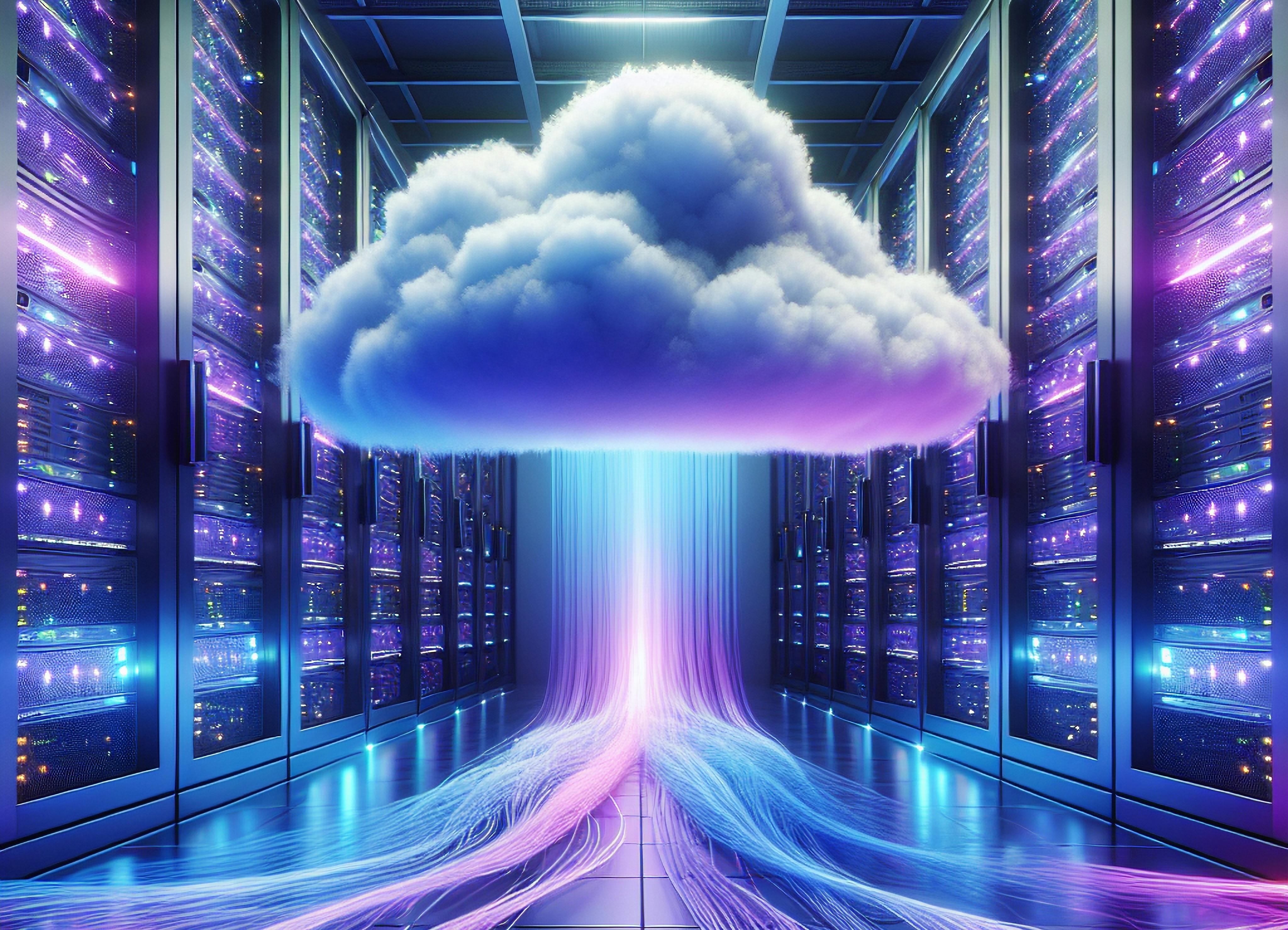 Cloud inside server room, vibrant colors, purple and blue tones, data stream below cloud
