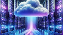 Cloud inside server room, vibrant colors, purple and blue tones, data stream below cloud Cloud inside server room, vibrant colors, purple and blue tones, data stream below cloud