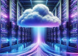Cloud inside server room, vibrant colors, purple and blue tones, data stream below cloud Cloud inside server room, vibrant colors, purple and blue tones, data stream below cloud