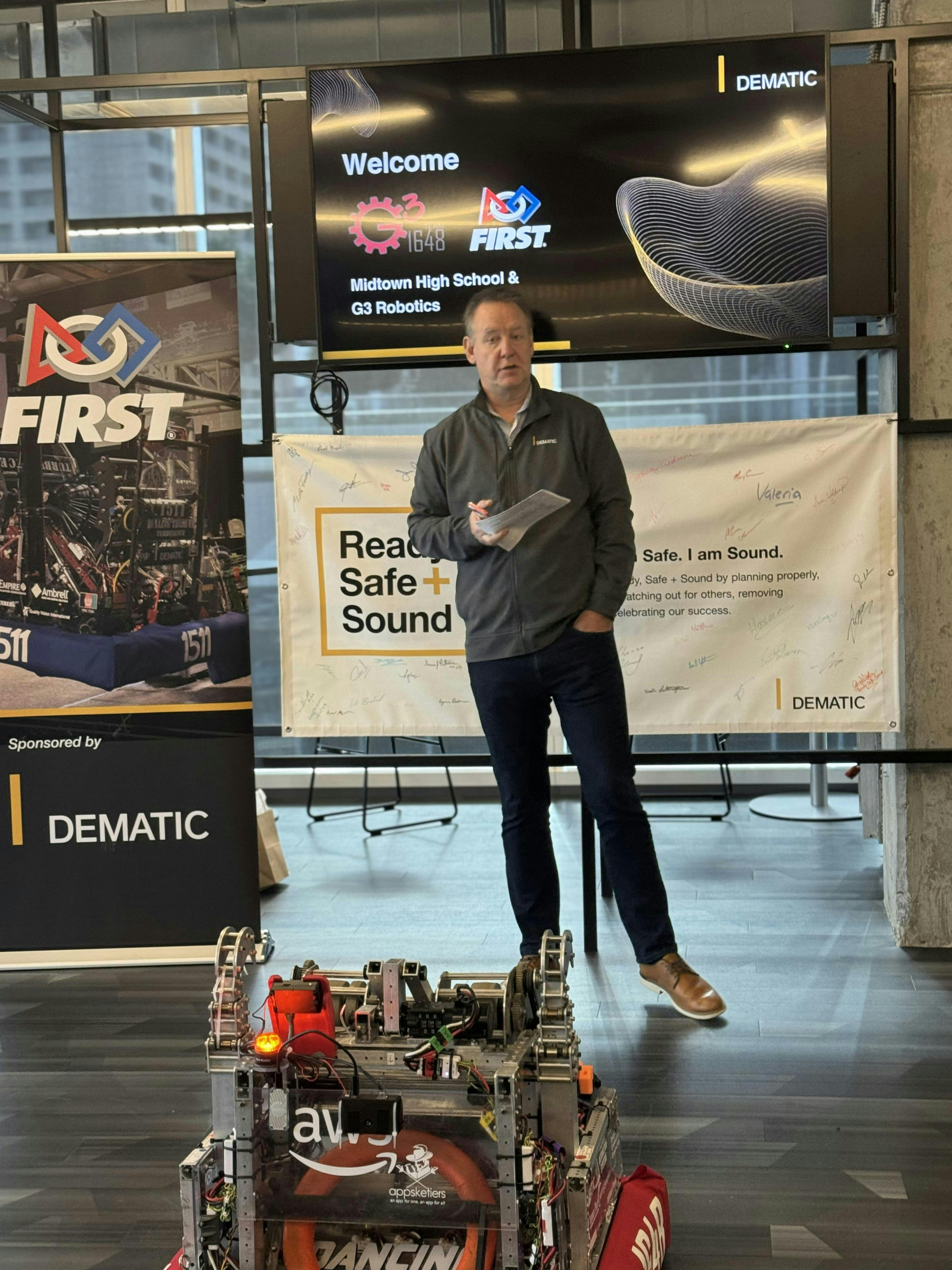 Figure 5: Mike Larsson, president, Dematic, delivered remarks to emphasize the importance of STEM opportunities. Figure 5: Mike Larsson, president, Dematic, delivered remarks to emphasize the importance of STEM opportunities.