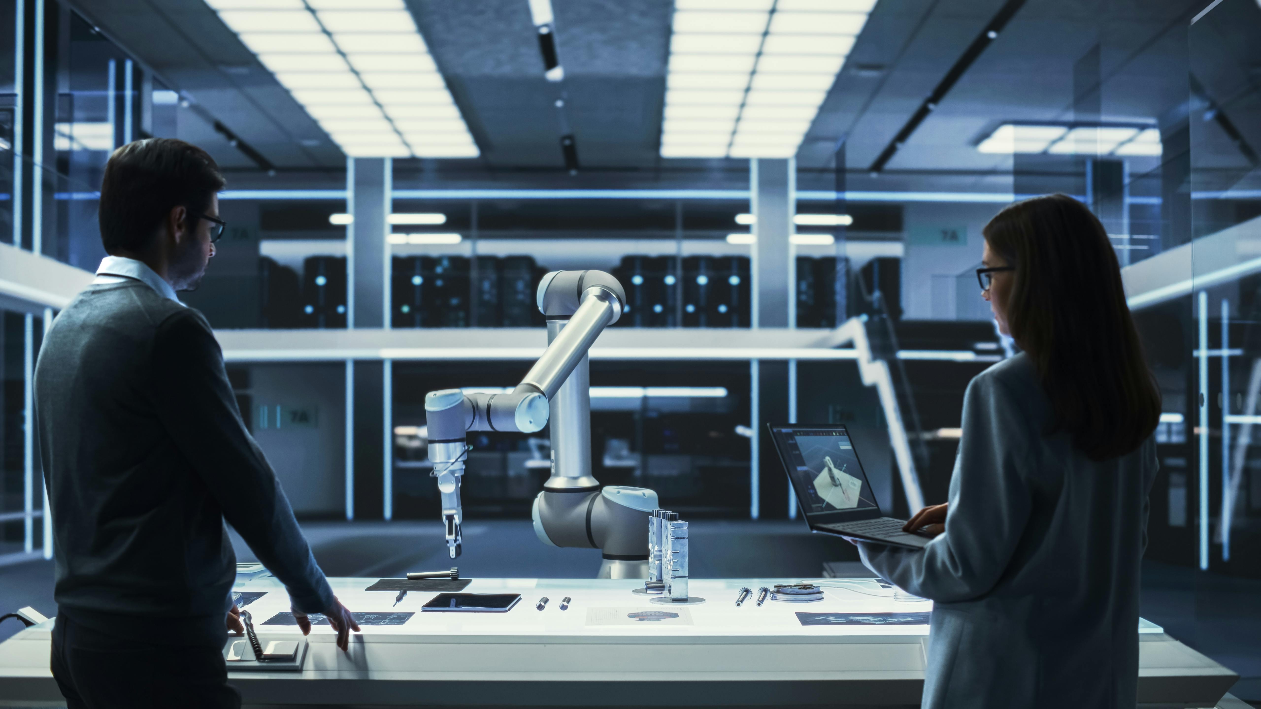 Young Female Engineer Works with Colleague Scientist. They Collaborate on a Robot Arm Development, Research and Manufacture Project.