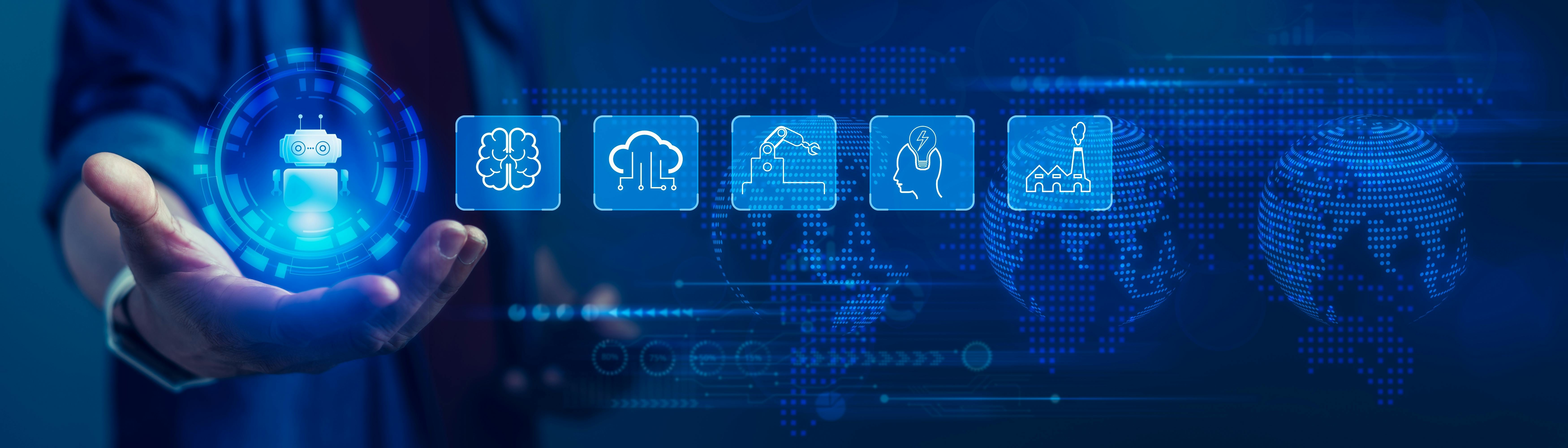 Panoramic banner of man holds a collection of icons representing robotic process automation and software management