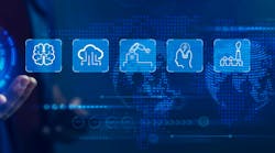 Panoramic banner of man holds a collection of icons representing robotic process automation and software management Panoramic banner of man holds a collection of icons representing robotic process automation and software management