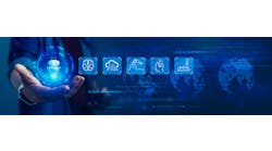 Panoramic banner of man holds a collection of icons representing robotic process automation and software management Panoramic banner of man holds a collection of icons representing robotic process automation and software management