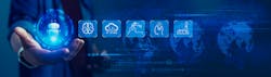Panoramic banner of man holds a collection of icons representing robotic process automation and software management Panoramic banner of man holds a collection of icons representing robotic process automation and software management