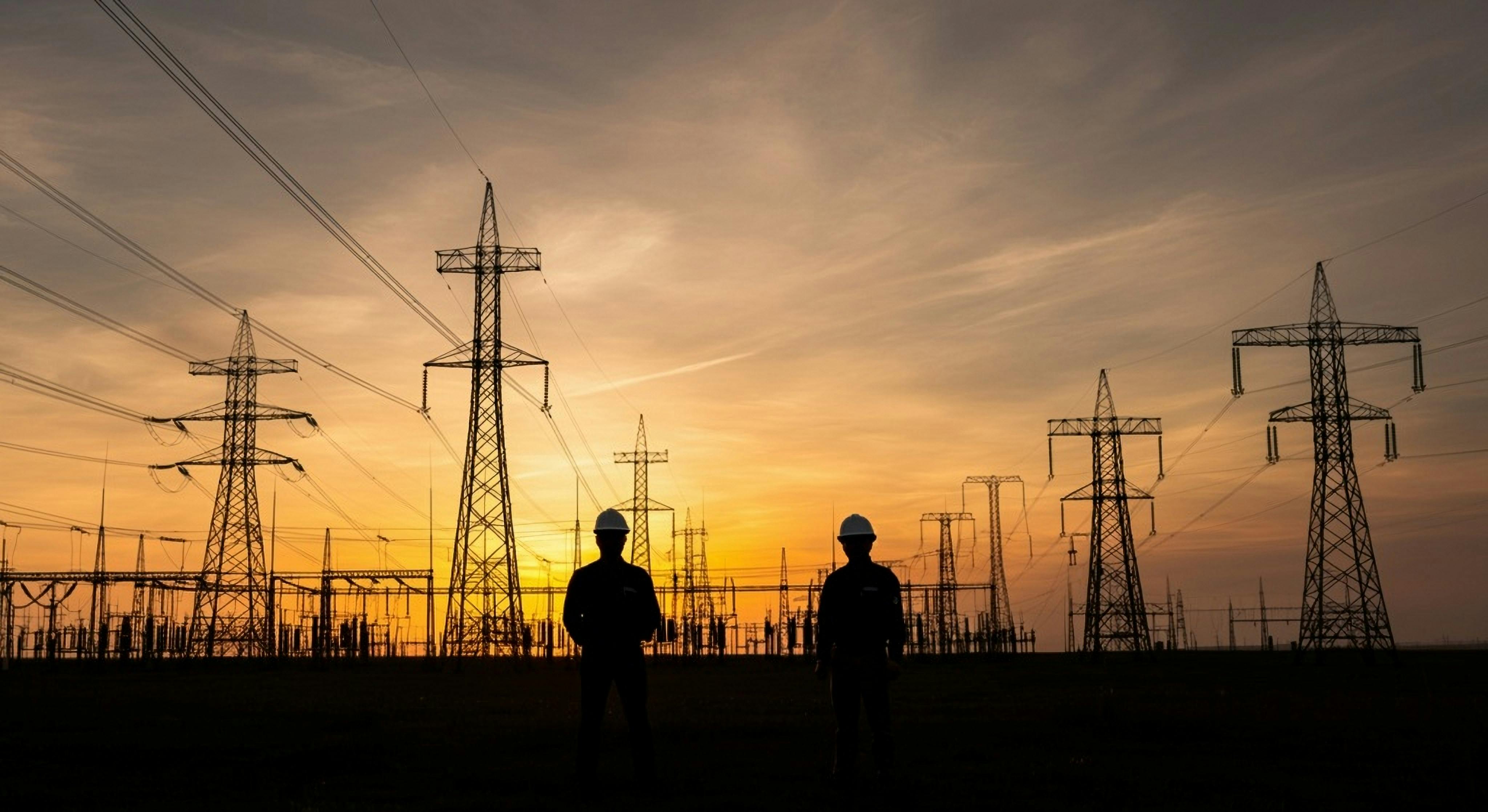 Outdoor photo of two electricity man work concept