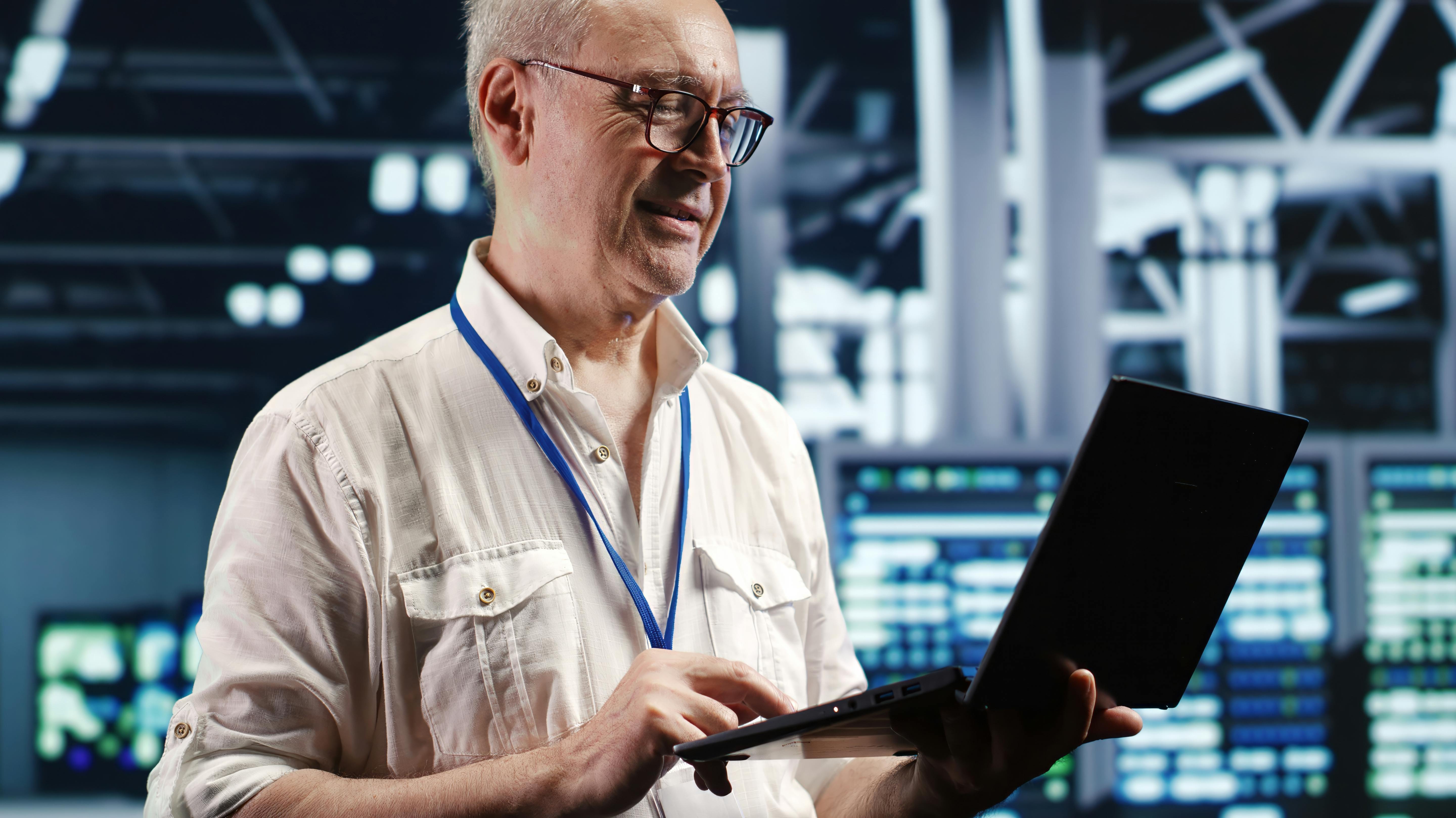 Proactive professional navigating network of server hardware in industrial hub