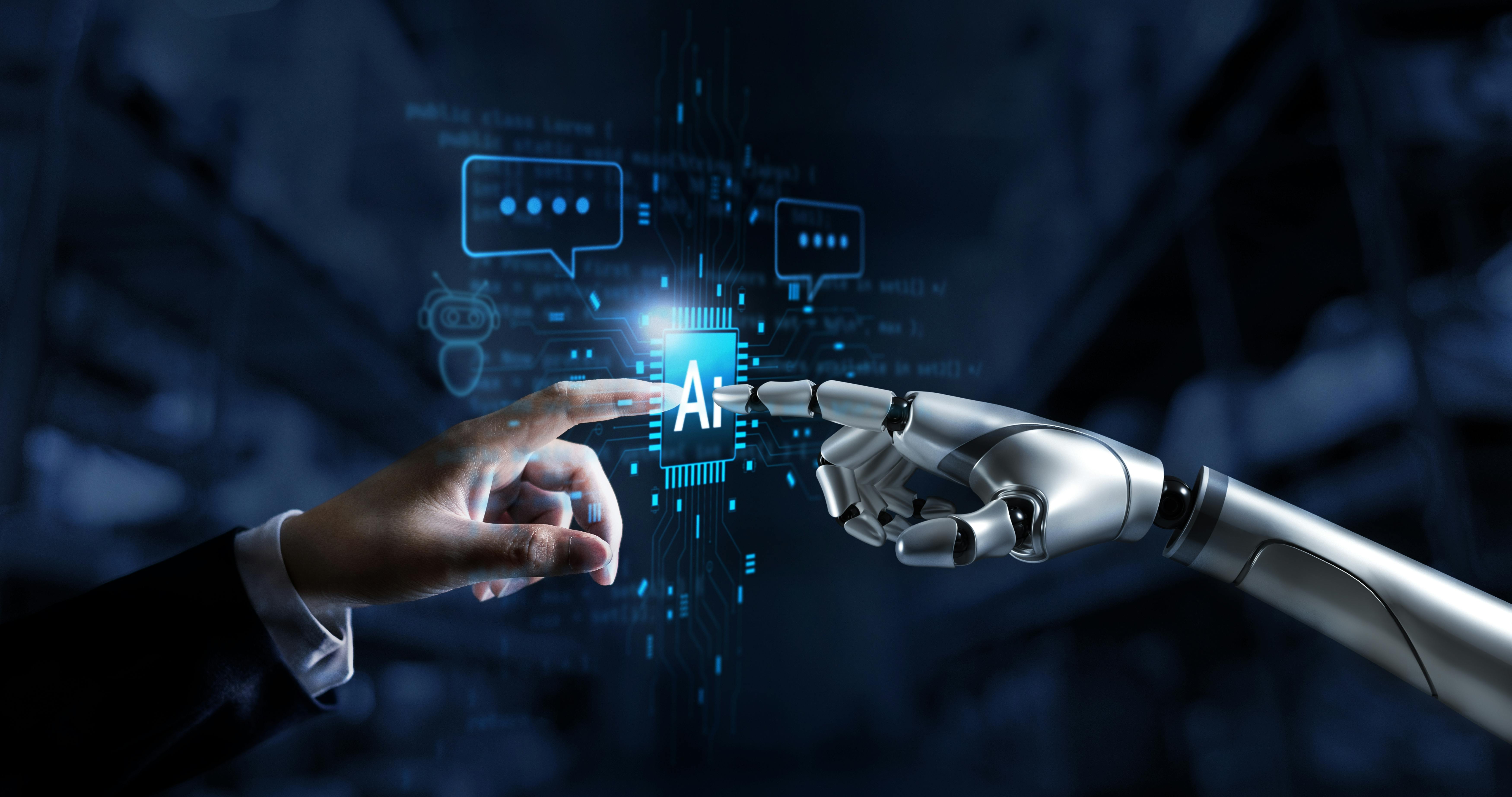 Hands of robot and human connect artificial intelligence AI circuit board to virtual smart chatbot with a command for automation generate, learning technology artificial intelligence machine, AI.
