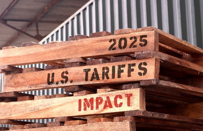2025 U.S. Tariffs Impact, text written on piled-up pallets, supply chain management and trade concept