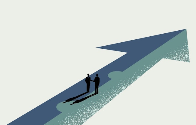 Business partnership, merger and acquisition concept, businessmen handshaking on assembled arrow jigsaw, vector illustration.