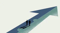 Business partnership, merger and acquisition concept, businessmen handshaking on assembled arrow jigsaw, vector illustration.