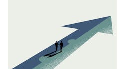 Business partnership, merger and acquisition concept, businessmen handshaking on assembled arrow jigsaw, vector illustration. Business partnership, merger and acquisition concept, businessmen handshaking on assembled arrow jigsaw, vector illustration.