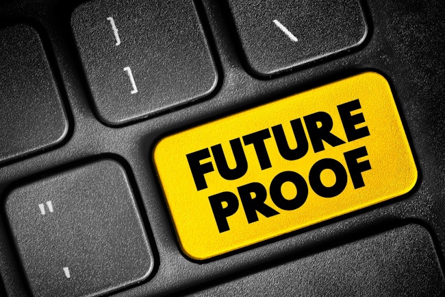 Future Proof - process of anticipating the future and developing methods of minimizing the effects of shocks and stresses of future events, text concept button on keyboard